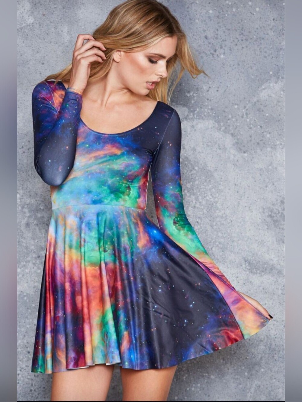 Blackmilk Galaxy Rainbow Long Sleeve Skater Dress, GUC, Size M
